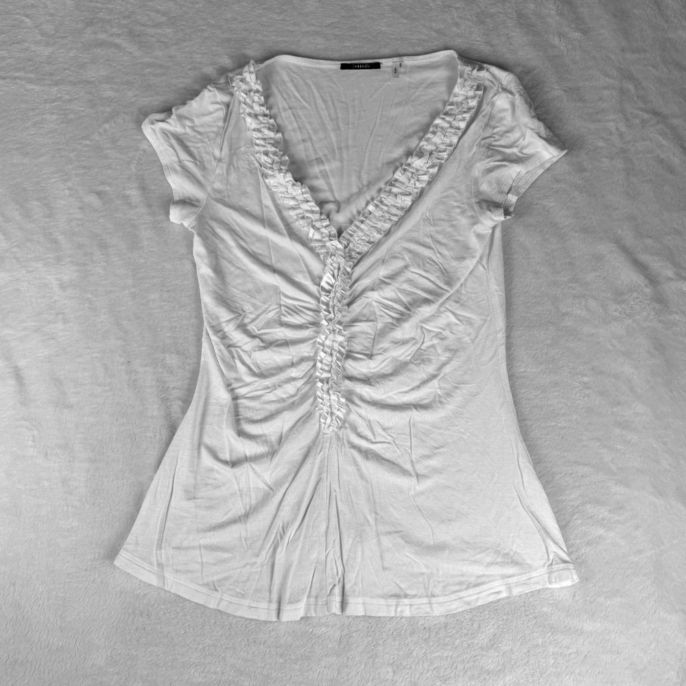 Tahari Tunic Top Womens Small White Stretch Casual Feminine Ruffle Detail V Neck